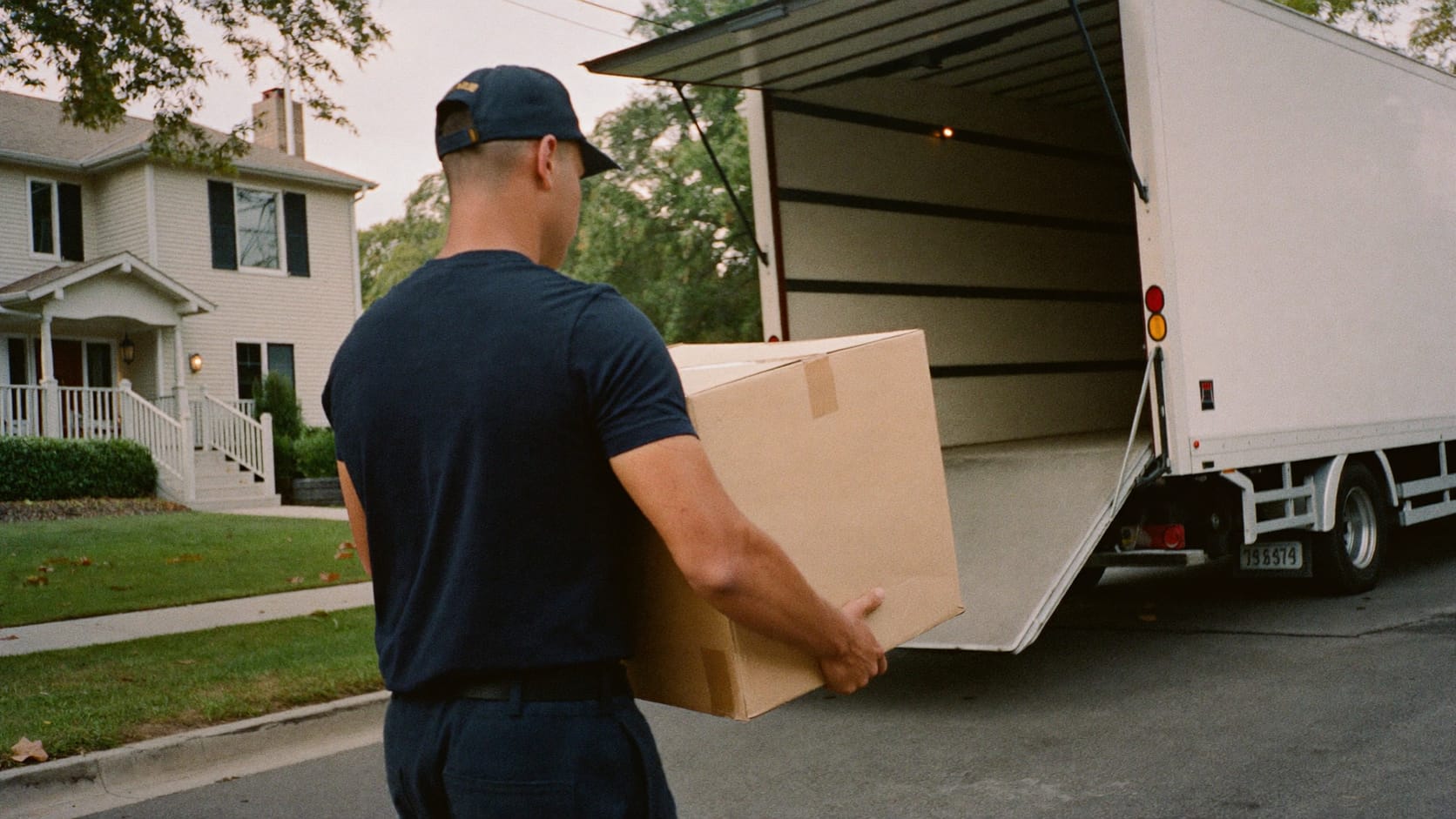 A mover carrying a moving box toward an open moving truck outside a house